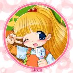  ;d bangs blonde_hair blue_eyes blunt_bangs blush child circle close-up flat_chest flower hair_bobbles hair_ornament karaoke kayama_licca long_hair microphone musical_note open_mouth overalls shiny shiny_hair singing smile solo striped striped_background super_doll_licca-chan t-shirt tokuda_shinnosuke v v_over_eye wink 