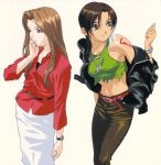  belt brown_hair crop_top endou_lorna ex-driver feathers formal highres jacket jewelry midriff multiple_girls necklace sakakino_lisa short_hair simple_background tattoo torn_clothes watch 