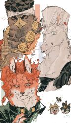  6+boys animalization bantu_knots bird brown_sclera closed_mouth colored_sclera dog english_text falcon fox_boy furry furry_male green_sclera headband highres holding holding_removed_eyewear horse_boy iggy_(jojo) jean_pierre_polnareff jojo_no_kimyou_na_bouken joseph_joestar joseph_joestar_(old) kakyoin_noriaki kujo_jotaro looking_at_viewer male_focus mnnd mohammed_avdol multiple_boys open_mouth orange_hair purple_sclera red_eyes scar scar_across_eye scar_on_face smile stardust_crusaders sunglasses talons unworn_eyewear unworn_headwear white_background white_hair white_headband yellow_eyes 