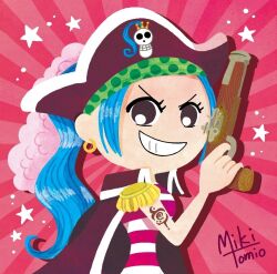  1girl arm_tattoo ateliermiki blue_hair brown_eyes buggy_the_clown buggy_the_clown_(cosplay) chibi coat coat_on_shoulders commentary_request cosplay earrings epaulettes gun hat holding holding_gun holding_weapon jewelry looking_at_viewer nefertari_vivi one_piece pirate_hat ponytail sidelocks signature smile star_(symbol) tattoo weapon 