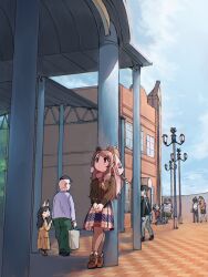  animal_ears bear_ears bear_girl belt bergman's_bear_(kemono_friends) blue_eyes blue_sky boots brown_hair extra_ears highres kemono_friends long_hair mcgunngu multiple_boys multiple_girls pantyhose ponytail ribbon scarf shirt skirt sky 