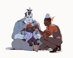  3boys absurdres animal_on_head arm_tattoo black-framed_eyewear black_cat black_hair black_sclera black_shoes black_vest blue_jacket blue_skin broken_horn brown_hat brown_shoes cat character_request collared_shirt colored_sclera colored_skin commentary_request cornrows dark-skinned_male dark_skin deadlock_(game) glasses grey_pants hand_on_another's_hat hand_tattoo hat highres horns jacket looking_at_another male_focus matlab_exe multiple_boys on_head orange-framed_eyewear orange-tinted_eyewear orange_suit pants shirt shoes short_hair simple_background sitting suit tail tattoo tinted_eyewear vest waistcoat white_background white_horns white_shirt yellow_eyes 