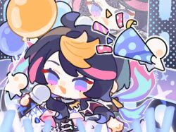  balloon black_hair black_shirt blonde_hair blue_eyes chibi commentary glowstick highres holding holding_microphone holding_party_popper microphone multicolored_hair nijisanji nijisanji_en open_mouth outline party_popper penlight_(glowstick) pink_hair shirt shu_yamino shu_yamino_(1st_costume) shuxingbuming_moxiaobai smile symbol-only_commentary virtual_youtuber yaminion_(shu_yamino) zoom_layer 