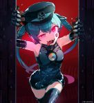  1girl aqua_hair bare_shoulders black_dress black_gloves black_headwear black_legwear cd commentary_request cosmo_(bousoup) cowboy_shot crack dress elbow_gloves facial_tattoo fangs gears gloves glowing glowing_eyes half-closed_eye hat hatsune_miku highres leaning_forward long_hair looking_at_viewer military_hat number_tattoo opening_door piano_keys raised_eyebrow red_background red_eyes sadistic_music_factory_(vocaloid) shiny shiny_clothes shoulder_tattoo sleeveless sleeveless_dress solo tattoo thigh-highs tongue tongue_out twintails twitter_username very_long_hair vocaloid zettai_ryouiki 