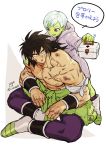  1boy 1girl bandage_on_face black_hair boots broly_(dragon_ball_super) bruise cheelai dragon_ball dragon_ball_super_broly first_aid_kit green_skin hand_on_another&#039;s_shoulder injury jacket looking_at_another muscle open_mouth pelt scar shirtless short_hair sinsin12121 sitting speech_bubble spiky_hair translation_request violet_eyes 