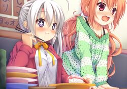 +_+ 2girls angry ayachi_nene breasts buttons cardigan casual chopsticks eating eyebrows_visible_through_hair fang food inaba_meguru jewelry momoirocharinko multiple_girls neck_ribbon necklace orange_hair plate ribbon sanoba_witch shirt side_ponytail sitting sushi violet_eyes white_hair white_shirt yuzu-soft