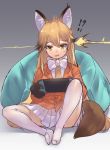  !? 1girl animal_ear_fluff animal_ears bean_bag_chair bow bowtie brown_hair commentary_request extra_ears eyebrows_visible_through_hair ezo_red_fox_(kemono_friends) fox_ears fox_girl fox_tail fur_trim game_console gloves handheld_game_console jacket kemono_friends long_hair long_sleeves multicolored_hair necktie nintendo_switch no_shoes open_mouth orange_eyes orange_hair orange_jacket orange_neckwear pantyhose pleated_skirt sitting skirt solo sweatdrop tadano_magu tail wavy_mouth white_legwear white_neckwear white_skirt 