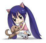  1girl bare_shoulders blue_hair blush brown_eyes chibi dog fairy_tail hair_between_eyes holding_dog long_hair looking_at_animal mashima_hiro official_art sandals shadow simple_background skirt sleeveless smile solo star_(symbol) thigh-highs twintails wendy_marvell white_background white_legwear white_skirt 