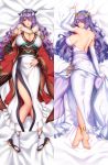 1girl anklet blush breasts camilla_(fire_emblem) commission dakimakura dress elbow_gloves fire_emblem fire_emblem_fates full_body gloves hair_ornament hair_over_one_eye japanese_clothes jewelry large_breasts long_hair looking_at_viewer lying megatama obi on_back parted_lips purple_hair sash shawl side_slit smile tabi tiara very_long_hair violet_eyes wavy_hair wedding_dress white_dress white_gloves wide_sleeves zouri