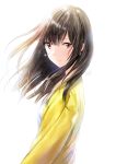  1girl breasts brown_eyes earrings eyebrows_visible_through_hair highres jewelry kazuharu_kina looking_at_viewer shiny shiny_hair shirt signature simple_background small_breasts smile white_background white_shirt yellow_cardigan 