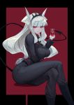  1girl absurdres bangs boots breasts crossed_legs crown demon_girl demon_horns demon_tail gloves grin helltaker highres horns knee_boots long_hair looking_at_viewer lucifer_(helltaker) moco_(moco_28) mole mole_under_eye necktie red_eyes sitting smile solo tail white_gloves white_hair 