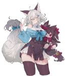  1girl ahoge animal_ear_fluff animal_ears bare_shoulders bell blue_bow blue_nails blush blush_stickers bow braid closed_eyes closed_mouth corn1l eyebrows_visible_through_hair fingernails frills gem grey_hair hair_between_eyes hair_ornament holding holding_stuffed_toy medium_hair original red_bow simple_background sketch smile solo star_(symbol) star_hair_ornament stuffed_toy tail thigh-highs v white_background 