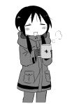  1girl blush_stickers chito_(shoujo_shuumatsu_ryokou) closed_eyes coffee coffee_mug cup gloves greyscale holding military military_uniform monochrome mug shoujo_shuumatsu_ryokou solo steam twintails uniform yuyu_(yuuuyuuu69) 