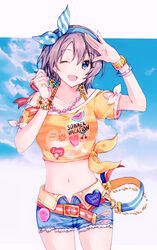  1girl ;d bangs bare_shoulders belt blue_bow blue_hairband blue_sky bow bracelet collarbone cowboy_shot crop_top earrings eyebrows_visible_through_hair gocoli grey_eyes grey_hair hair_between_eyes hair_bow hairband hands_up highres idolmaster idolmaster_cinderella_girls jewelry looking_at_viewer midriff navel necklace off-shoulder_shirt off_shoulder one_eye_closed open_mouth orange_shirt otokura_yuuki shirt short_hair short_shorts short_sleeves shorts sidelocks sky smile solo stomach t-shirt tareme tied_shirt 