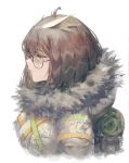  1girl absurdres ahoge arknights backpack bag bangs brown_hair closed_mouth commentary_request from_side fur fur_collar fur_trim glasses green_eyes hair_between_eyes highres jacket lips looking_away rsef short_hair silence_(arknights) simple_background solo strap upper_body white_background 