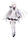  1girl ankle_bow bangs blunt_bangs bow bowtie cape eisuto frilled_skirt frilled_sleeves frills full_body highres long_hair looking_at_viewer original pointy_ears red_eyes simple_background skirt smile solo standing thigh-highs vampire white_background white_hair zettai_ryouiki 
