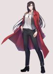  1girl belt belt_buckle black_hair black_pants blue_eyes breasts buckle collarbone eisuto full_body grey_background grey_jacket hair_between_eyes jacket jewelry long_hair looking_at_viewer necklace original pants shirt simple_background solo standing trench_coat white_shirt 