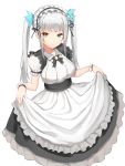  1328948849 1girl absurdres apron black_headwear collared_dress frilled_apron frills gloves hat heterochromia highres kagura_mea kagura_mea_channel maid peaked_cap silver_hair twintails virtual_youtuber white_apron white_gloves 