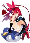  1girl absurdres black_legwear demon_girl demon_tail demon_wings disgaea etna from_behind highres holding holding_spear holding_weapon looking_at_viewer makai_senki_disgaea miyakawa106 pointy_ears polearm prinny red_eyes redhead slit_pupils solo spear tail thigh-highs tongue tongue_out twintails weapon wings 