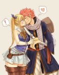  ! 1boy 1girl axel_jovanni bare_shoulders blonde_hair blush boots bow bowtie breasts closed_eyes cowboy_shot fairy_tail grey_background hair_bow heart holding holding_paper long_hair lucy_heartfilia medium_breasts natsu_dragneel pants paper pink_hair ponytail pouch scarf simple_background skirt sleeveless smile speech_bubble spoken_heart surprised thigh-highs thigh_boots zettai_ryouiki 