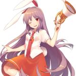  1girl animal_ears bangs blouse bunny_tail carrot check_character chorefuji collared_blouse holding holding_megaphone long_hair necktie one_eye_closed open_mouth orange_skirt puffy_short_sleeves puffy_sleeves purple_hair rabbit_ears red_eyes red_neckwear reisen_udongein_inaba shiny shiny_hair short_sleeves simple_background skirt socks solo tail tongue touhou very_long_hair white_background white_blouse white_legwear 