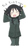  1girl :d black_hair blush chito_(shoujo_shuumatsu_ryokou) closed_eyes coat cowboy_shot green_coat green_pants low_twintails military military_jacket military_uniform nico_nico_nii no_headwear no_helmet open_mouth pants shoujo_shuumatsu_ryokou smile solo translated twintails uniform white_background yuyu_(yuuuyuuu69) 