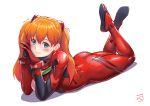  1girl bangs blue_eyes blush bodysuit commentary_request eyebrows_visible_through_hair finalcake full_body hair_between_eyes hair_ornament light_smile long_hair looking_at_viewer lying neon_genesis_evangelion on_stomach orange_hair red_bodysuit shiny shiny_hair simple_background solo souryuu_asuka_langley watermark white_background 