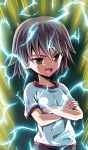  1girl absurdres aura bangs brown_eyes brown_hair electricity eyebrows_visible_through_hair girls_und_panzer gym_shirt gym_uniform highres isobe_noriko kamishima_kanon looking_at_viewer shirt short_hair short_sleeves smirk smug solo standing super_saiyan super_saiyan_2 t-shirt v-shaped_eyebrows white_shirt 