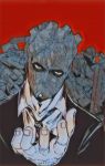  1boy crack cross_goli debris dorohedoro fingernails formal heart highres jpeg_artifacts male_focus mask necktie red_background solo stitched_hand stitches suit upper_body 