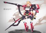  1girl alternate_costume ammunition_belt artist_name azur_lane black_dress breasts cannon character_name dress full_body halberd high_heels highres holding holding_weapon iris_libre_(emblem) kuroba_chihiro large_breasts long_hair looking_at_viewer mecha_musume mechanical_ears orange_hair pink_eyes polearm richelieu_(azur_lane) science_fiction sleeveless thigh-highs weapon white_legwear 