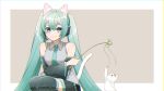  1girl :3 absurdres animal_ears aqua_eyes aqua_hair aqua_neckwear bare_shoulders beige_background black_legwear black_skirt black_sleeves cat cat_ears cat_tail cat_teaser commentary crossed_arms detached_sleeves grey_shirt hair_ornament hairband hatsune_miku headphones headset highres holding_toy long_hair looking_at_viewer masumofu necktie paw_up shirt skirt sleeveless sleeveless_shirt smile solo squatting tail thigh-highs twintails very_long_hair vocaloid white_cat white_tail zettai_ryouiki 