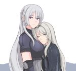  2girls ak-15_(girls_frontline) an-94_(girls_frontline) blush braid breast_pillow breasts commentary elbow_pads eyebrows_visible_through_hair girls_frontline green_eyes head_on_chest large_breasts long_hair looking_away multiple_girls platinum_blonde_hair selby silver_hair simple_background tsurime violet_eyes 