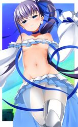  1girl bangs bare_shoulders bikini blue_eyes blue_ribbon blue_sky blush breasts choker closed_mouth collarbone earrings fate/grand_order fate_(series) frilled_bikini frills greaves hair_ribbon highres jewelry long_hair long_sleeves looking_at_viewer meltryllis meltryllis_(swimsuit_lancer)_(fate) microskirt navel prosthesis prosthetic_leg puffy_sleeves purple_hair ribbon side_ponytail skirt sky sleeves_past_fingers sleeves_past_wrists small_breasts smile suntakuchan swimsuit thighs very_long_hair white_bikini white_legwear white_ribbon white_skirt 