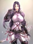  1girl arm_guards bangs bodysuit breasts closed_mouth commentary_request fate/grand_order fate_(series) fingerless_gloves gloves hand_up highres koyama_sousuke large_breasts loincloth long_hair low-tied_long_hair minamoto_no_raikou_(fate/grand_order) parted_bangs purple_bodysuit purple_hair ribbed_sleeves rope standing sword sword_behind_back tabard very_long_hair violet_eyes weapon 