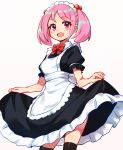  1girl alternate_costume apron black_dress black_legwear blush bow bowtie dress eyebrows_visible_through_hair frilled_dress frills gyunre highres kantai_collection maid maid_headdress open_mouth pink_eyes pink_hair red_neckwear sazanami_(kantai_collection) short_sleeves short_twintails simple_background skirt_hold solo twintails white_apron white_background 