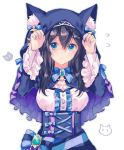  1girl animal_ears bangs blue_bow blue_cape blue_dress blue_eyes bow bowtie cape dress dress_bow eyebrows_visible_through_hair fake_animal_ears frilled_sleeves frills gocoli hair_between_eyes hairband idolmaster idolmaster_cinderella_girls jewelry sagisawa_fumika sidelocks simple_background solo tareme white_background 