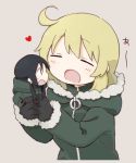  2girls ahoge black_gloves black_hair blonde_hair chito_(shoujo_shuumatsu_ryokou) closed_eyes coat fur-trimmed_jacket fur_trim gloves green_coat heart holding jacket low_twintails military_jacket minigirl multiple_girls no_headwear no_helmet open_mouth shoujo_shuumatsu_ryokou sweatdrop translated twintails upper_body you_gonna_get_eaten yuuri_(shoujo_shuumatsu_ryokou) yuyu_(yuuuyuuu69) 