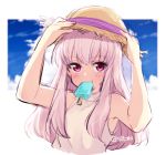  1girl alternate_costume bad_twitter_id cute fire_emblem fire_emblem:_three_houses fire_emblem:_three_houses fire_emblem_16 food hands_on_headwear hat intelligent_systems loli long_hair lowres lysithea_von_ordelia naho_(pi988y) nintendo pink_eyes popsicle solo straw_hat twitter_username upper_body white_hair 