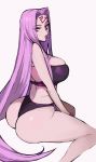  1girl absurdres arched_back ass bikini black_bikini breasts commentary ennuigrl facial_mark fate_(series) forehead_mark hair_intakes highres large_breasts long_hair looking_back purple_background purple_hair rider simple_background sitting solo swimsuit thick_thighs thighs very_long_hair wariza yellow_eyes 