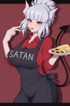  1girl absurdres apron black_apron black_background black_tail blush breasts demon_girl demon_horns demon_tail eating eyebrows_visible_through_hair food food_on_face gloves helltaker highres holding holding_plate horns huge_breasts long_hair looking_at_viewer lucifer_(helltaker) mole mole_under_eye pancake plate red_background red_eyes red_shirt rubewe shirt solo tail two-tone_background white_hair white_horns 