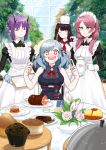  4girls apron arknights asparagus b.t._(boob_tong) blue_hair blue_poison_(arknights) boned_meat cake closed_eyes cup cupcake demon_horns drooling food fork garden girls_frontline gloves greenhouse hibiscus_(arknights) highres horns ketchup knife maid maid_apron maid_headdress meat multiple_girls mustard omelet pasta pink_hair plate purple_hair sauce shotgun_shells soup spaghetti spas-12_(girls_frontline) spoon steak teacup teapot tray tree wa2000_(girls_frontline) 