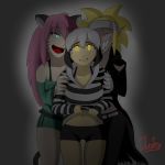  absurdres animal_ears blonde_hair bright_pupils copyright_request demon_girl green_eyes highres juatrox long_hair multicolored_hair pink_hair red_eyes scared short_hair source_request striped two-tone_hair yellow_eyes 