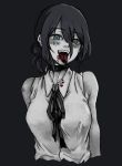  1girl bare_shoulders black_choker black_hair blood blood_from_mouth blood_on_face bloody_clothes blush breasts chainsaw_man choker collarbone collared_shirt cowboy_shot dark_background eyebrows_visible_through_hair green_eyes hair_between_eyes hair_bun large_breasts looking_at_viewer medium_hair monochrome open_mouth reze_(chainsaw_man) ribbon shirt sleeveless sleeveless_shirt smile tongue tongue_out 