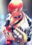  1boy bass_guitar choker closed_eyes instrument male_focus one_eye_covered plectrum redhead sokytk2 the_king_of_fighters yagami_iori 