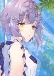  1girl absurdres bangs bare_arms blouse blunt_bangs blurry breasts depth_of_field eyebrows_visible_through_hair frills hachako hair_ornament highres idolmaster idolmaster_cinderella_girls koshimizu_sachiko looking_at_viewer looking_to_the_side plant purple_hair reflection short_hair small_breasts solo white_blouse yellow_eyes 