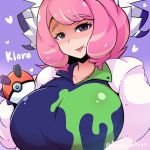  1girl blue_background breasts character_name commentary_request eyebrows_visible_through_hair heart kurara_(pokemon) kyouran_souryuu large_breasts long_hair mole mole_under_mouth parted_lips pink_hair poke_ball pokemon pokemon_(game) pokemon_swsh smile solo twitter_username violet_eyes 