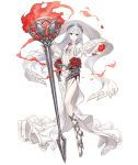 1girl bracelet dress eyebrows_visible_through_hair fire flower full_body grey_eyes high_heels jewelry ji_no laurel_crown long_hair looking_at_viewer official_art rose shawl sinoalice snow_white_(sinoalice) solo torch transparent_background white_dress white_hair 