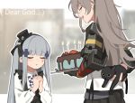  2girls alternate_costume arm_behind_back bangs black_cat cake cat closed_eyes commentary_request english_text eyebrows_visible_through_hair facial_mark food girls_frontline grey_hair hair_ornament hairband hands_clasped hat highres hk416_(girls_frontline) long_hair long_sleeves mechanical_arm mini_hat mod3_(girls_frontline) multiple_girls open_mouth outline own_hands_together photo-referenced scar scar_across_eye sidelocks tianliang_duohe_fangdongye ump45_(girls_frontline) white_outline younger 