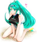  1girl anklet bangs bare_arms bare_legs bare_shoulders breasts earrings green_eyes green_hair hair_ornament heart jewelry kneeling large_breasts long_hair looking_at_viewer mizss one-piece_swimsuit pink_heart pneuma_(xenoblade) ponytail smile solo swept_bangs swimsuit tiara very_long_hair white_background white_footwear xenoblade_(series) xenoblade_2 