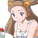 1girl beads brown_hair closed_mouth commentary dress eyelashes gen_1_pokemon gomatarou_(pixiv196136) hair_beads hair_ornament long_hair lowres magnemite mikan_(pokemon) pokemon pokemon_(creature) pokemon_(game) pokemon_gsc simple_background smile tied_hair violet_eyes white_background white_dress 